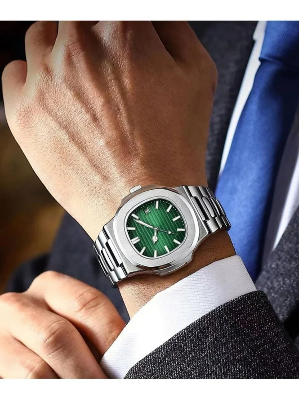 Men's Green Stainless Steel Strap Quartz Movement Waterproof Date Wrist Watch